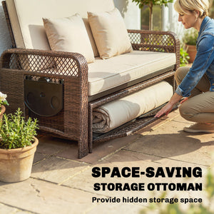 Double patio lounge chairs with cushions, PE wicker, adjustable backrest and side tables, brown/cream