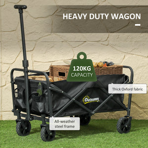 Folding garden cart with universal wheels and adjustable handle, black.