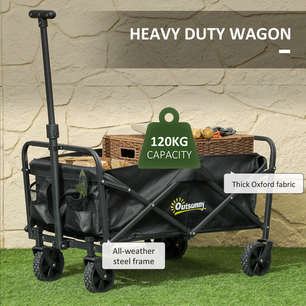 Folding garden cart with universal wheels and adjustable handle, black.
