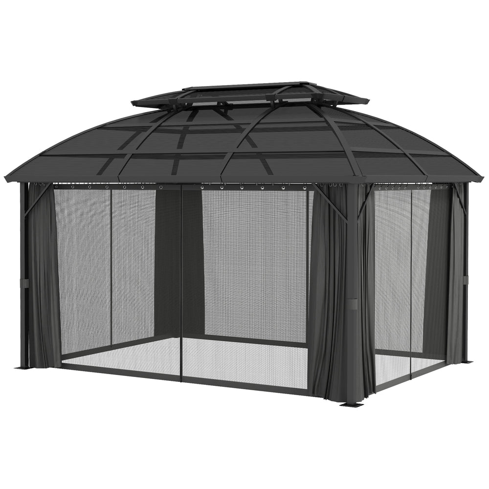 Gazebo extérieur 13 x 10 pieds noir avec double toit, rideaux et structure en aluminium, parfait comme abri élégant pour terrasse ou jardin

