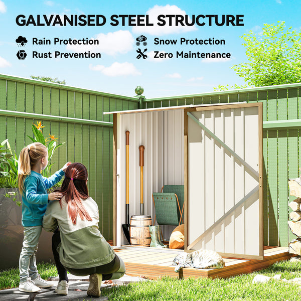 Compact galvanized steel garden shed with lockable door, wood color