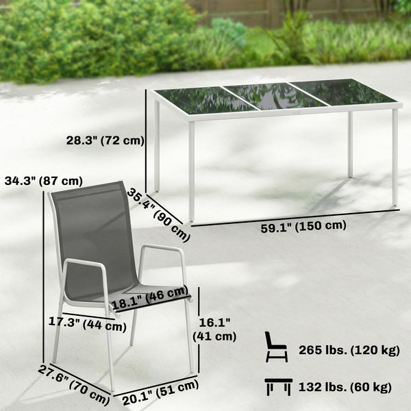 7-piece garden dining set, including a rectangular table and 6 stackable chairs.