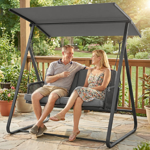 Outdoor 2-Person Patio/Porch Swing with Adjustable Canopy, Rattan with Soft Cushions