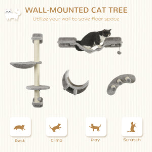 Cat climbing wall with scratching post, grey