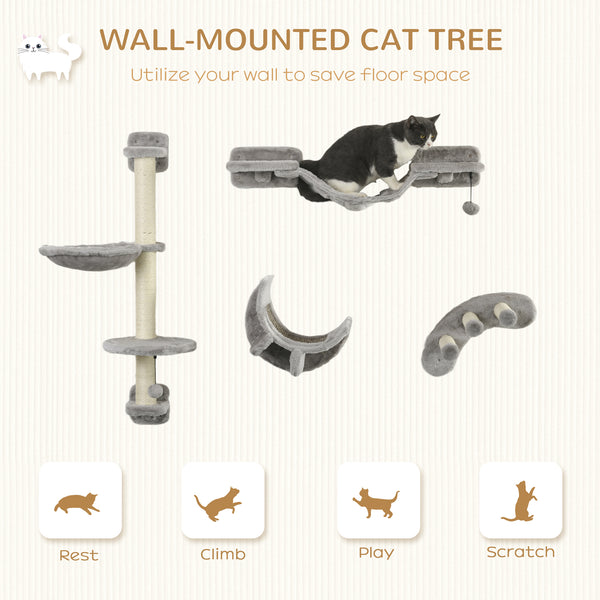 Cat climbing wall with scratching post, grey