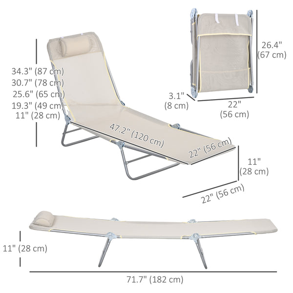 Set of 2 folding lounge chairs with cushion and reclining backrest, cream white