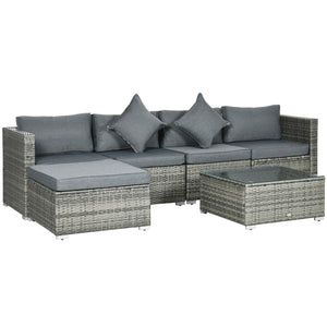 6 Pieces Outdoor PE Rattan Wicker Patio Furniture Sofa Set with Thick Cushions, Deluxe Garden Sectional Couch with Glass Top Table, Mixed Grey and Dark Grey