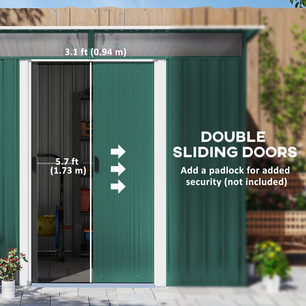 Outdoor metal garden shed, dark green