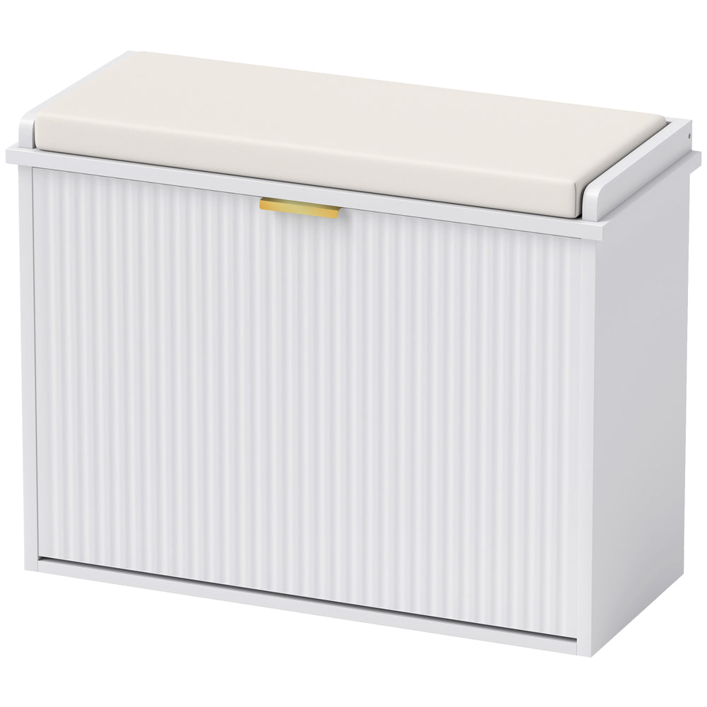 Banc d'entrée blanc avec assise rembourrée, tiroirs rabattables, capacité de charge jusqu'à 120 kg et rangement pour 6 paires de chaussures