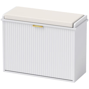 Hallway bench with upholstered seat and drop-down drawers, white