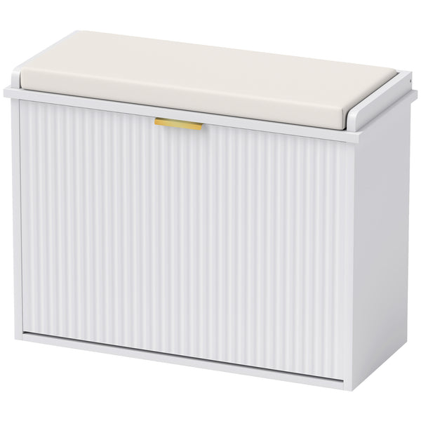 Hallway bench with upholstered seat and drop-down drawers, white