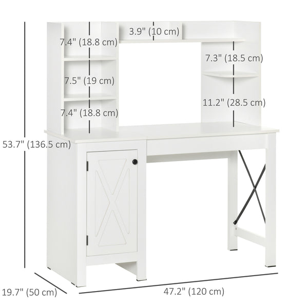 Farmhouse style computer desk with open shelves, white