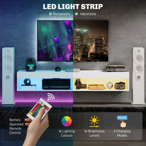 Modern wall-mounted TV unit with storage and LED lighting for TVs up to 75 inches, white