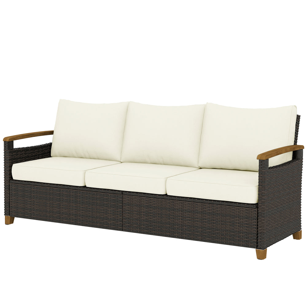 3-seater outdoor sofa in woven resin, wide seat, 10 cm cushions, wood-look armrests, off-white