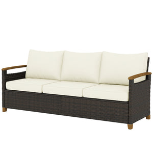 3-seater outdoor sofa in woven resin, wide seat, 10 cm cushions, wood-look armrests, off-white