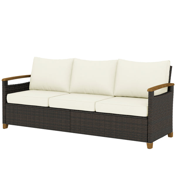 3-seater outdoor sofa in woven resin, wide seat, 10 cm cushions, wood-look armrests, off-white