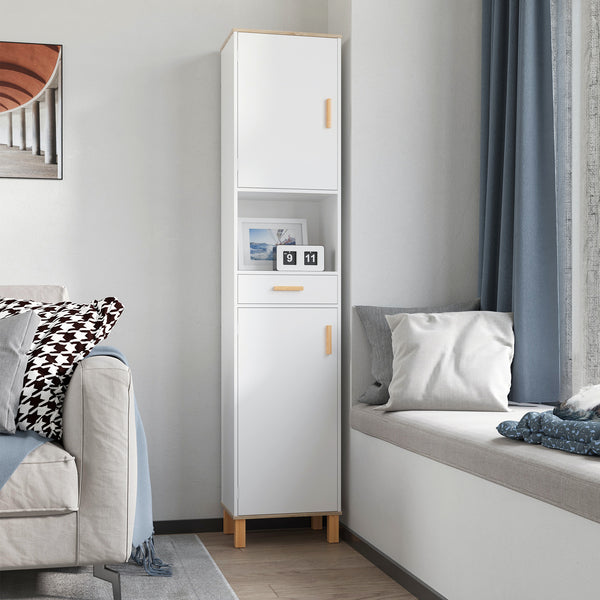 White bathroom storage cabinet with cupboards and drawer