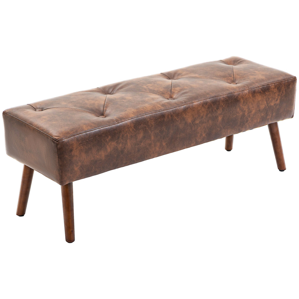 Faux leather button tufted bedroom bench with wooden legs, brown