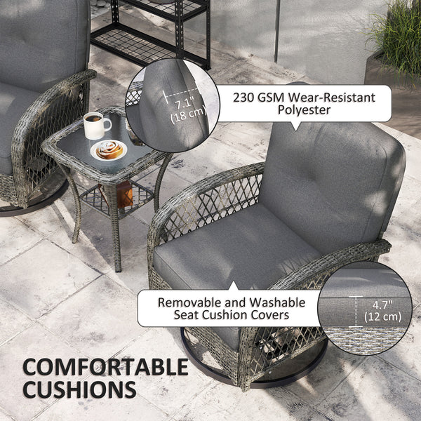3 Piece Wicker Garden Set with 2 Rocking Swivel Chairs and Two-Tier Glass Coffee Table, Grey