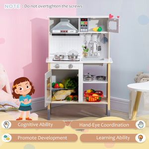Wooden children's kitchen with realistic lights and sounds, microwave, extractor fan, white