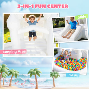 3-in-1 White Inflatable Bouncy Castle for Kids with Slide, Ball Pit, and 370W Blower, White