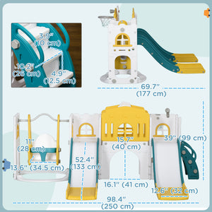 8-in-1 Slide and Swing Set with Basketball Hoop, Climber and Steering Wheel, Yellow