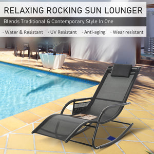 Patio Rocking Chair with Mesh Fabric, Outdoor Rocking Sling Sun Lounger with Removable Headrest and Side Pocket for Garden, Deck, Lawn, Black