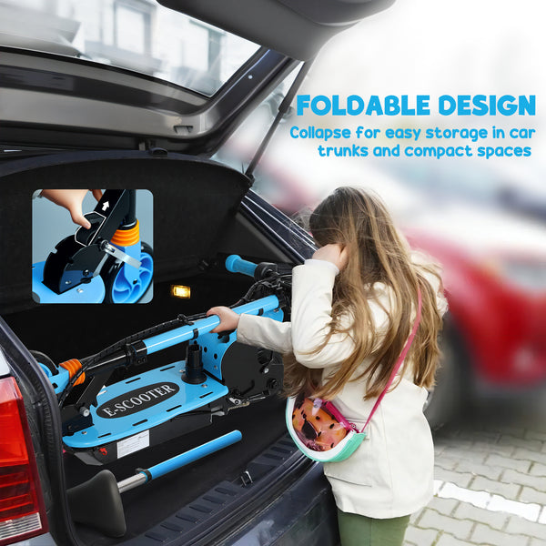 Foldable electric scooter with seat and 2 adjustable heights, blue