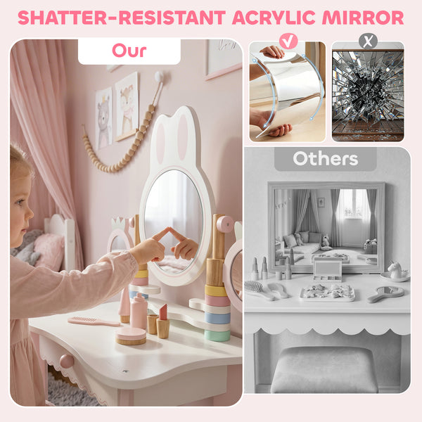Children's dressing table with 3 mirrors and stool, pink