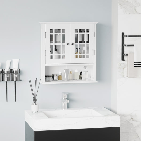 Modern wall-mounted bathroom vanity unit with 2-door cabinet and open shelf, white