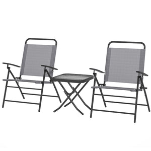 Folding bistro set with adjustable back chairs and glass-topped table, grey