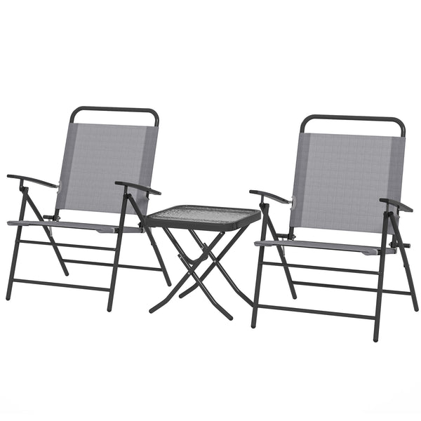 Folding bistro set with adjustable back chairs and glass-topped table, grey