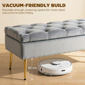 Ottoman storage bench, velvet tufted seat and gold legs – Gray and gold