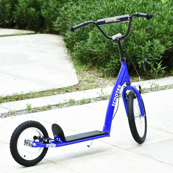 Scooter with adjustable handlebars, double brakes, inflatable wheels, dark blue