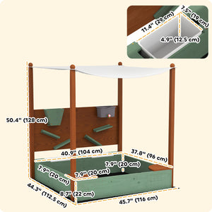 Children's wooden sandbox with canopy, green