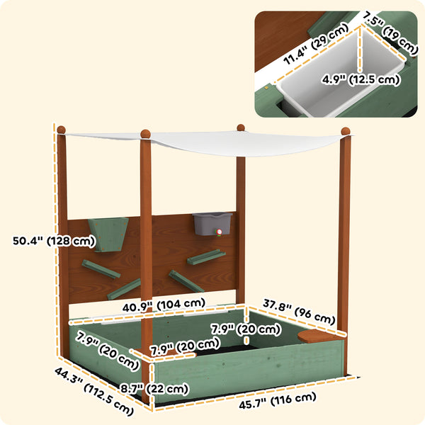 Children's wooden sandbox with canopy, green