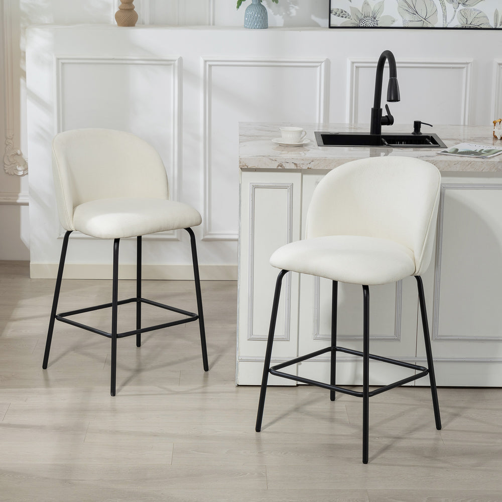 Set of 2 counter-height bar stools upholstered in linen with backrest, footrest and steel legs, cream white