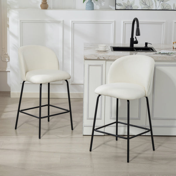 Set of 2 counter-height bar stools upholstered in linen with backrest, footrest and steel legs, cream white
