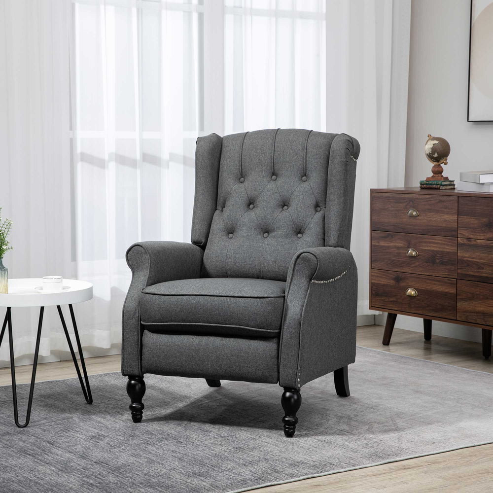 Recliner with ottoman, tufted and rolled arms, dark gray