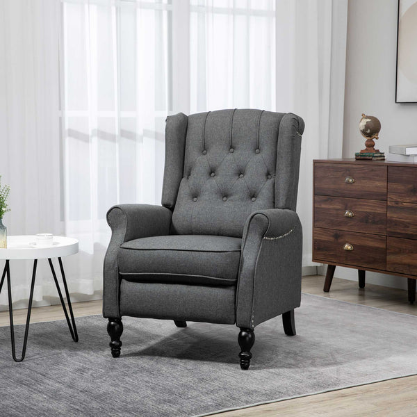 Recliner with ottoman, tufted and rolled arms, dark gray
