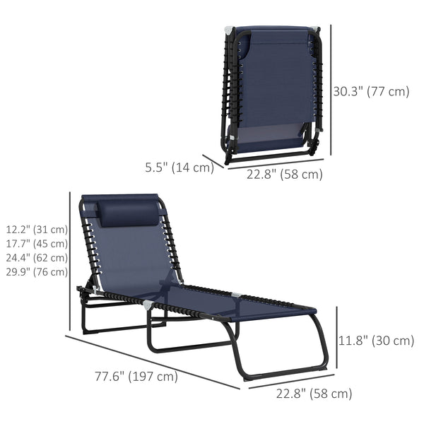 Set of 2 folding, adjustable lounge chairs with headrests, reclining, dark blue