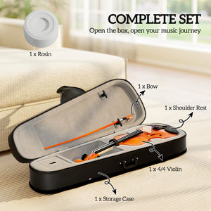 Full-size 4/4 violin with bow, case, rosin, and shoulder rest