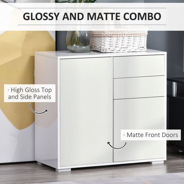 High gloss lacquered sideboard with 2 drawers, 2 doors and an adjustable shelf, push-to-open, white