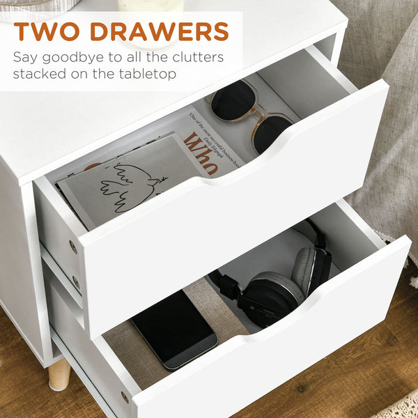 Modern bedside table with 2 drawers and pine legs, white