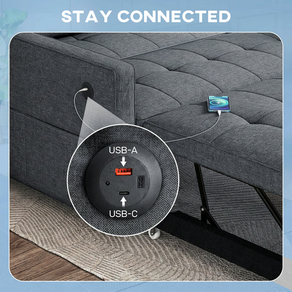 Dark grey two-seater linen trundle sofa bed with USB ports