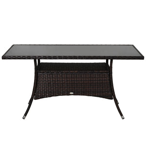 Rattan dining table with glass top and storage shelf, brown
