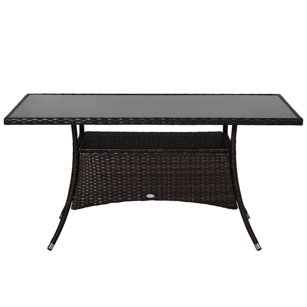 Rattan dining table with glass top and storage shelf, brown