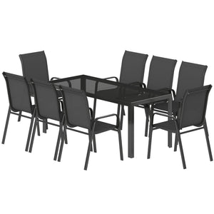 9-piece patio set, stackable chairs with glass tops for garden, terrace, yard, black