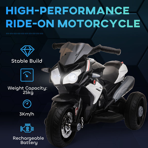 6V Electric Motorcycle with 3 Wheels, Music, Horn, Lights, Black