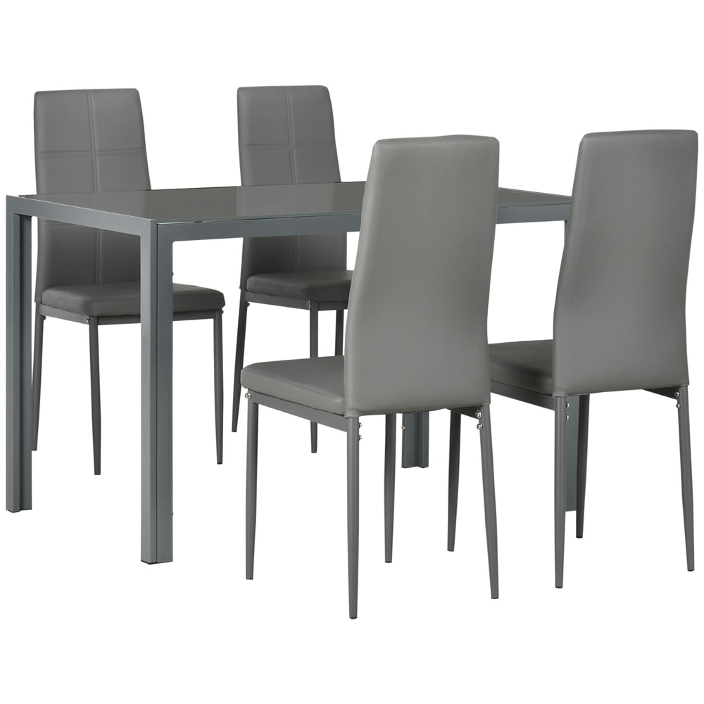 Rectangular Glass Kitchen Table and Chair Set with Metal Frame and Faux Leather Upholstery for Dining Room, Grey